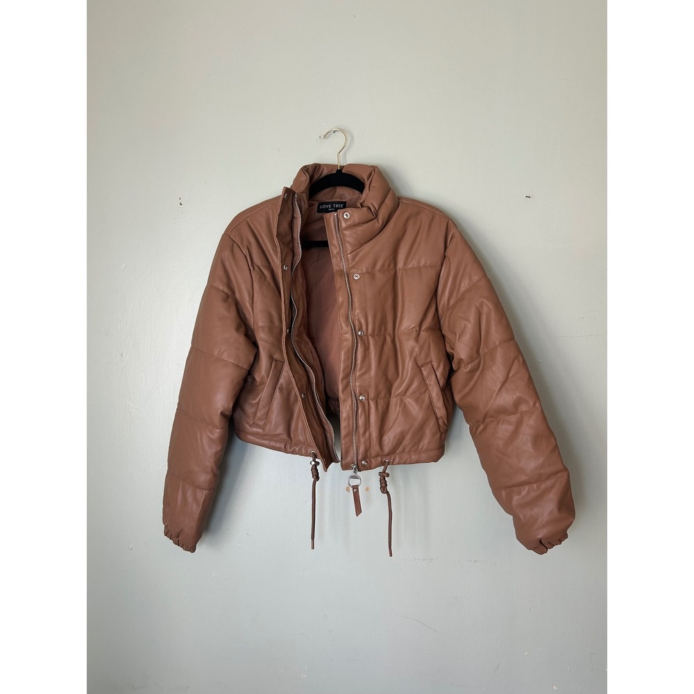 Love Tree Brown Faux Leather Puffer Jacket Womens Size Small Cropped Quilted - Picture 3 of 15